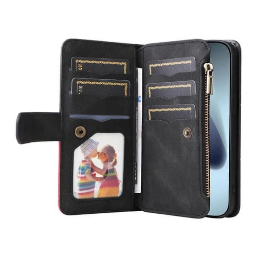 Funda de cuero con cremallera para iPhone 17 Pro, bicolor, con 9 ranuras para tarjetas (negro)