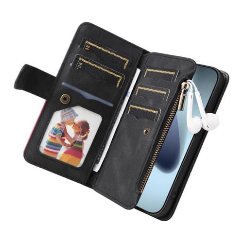 Funda de cuero con cremallera para iPhone 17 Pro, bicolor, con 9 ranuras para tarjetas (negro)