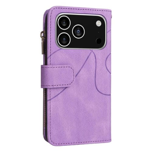 Funda de cuero con cremallera para iPhone 17 Pro, bicolor, con 9 ranuras para tarjetas (morado)