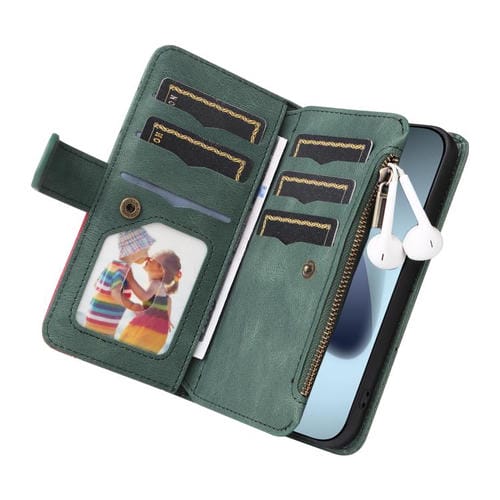 Funda de cuero con cremallera para iPhone 17 Pro, bicolor, con 9 ranuras para tarjetas (verde)