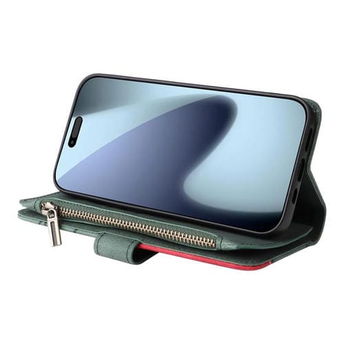 Funda de cuero con cremallera para iPhone 17 Pro, bicolor, con 9 ranuras para tarjetas (verde)