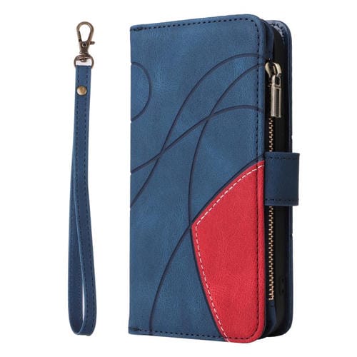 Funda de cuero con cremallera para iPhone 17 Pro, bicolor, con 9 ranuras para tarjetas (azul)