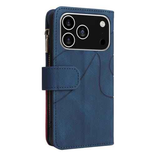 Funda de cuero con cremallera para iPhone 17 Pro, bicolor, con 9 ranuras para tarjetas (azul)