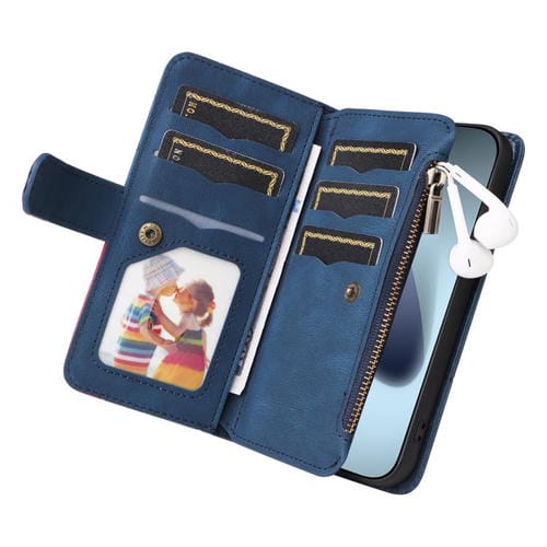 Funda de cuero con cremallera para iPhone 17 Pro, bicolor, con 9 ranuras para tarjetas (azul)