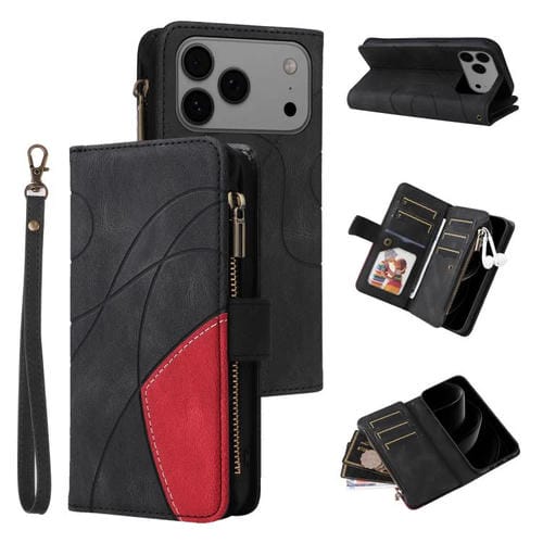 Funda de cuero con cremallera para iPhone 17 Pro Max, bicolor, con 9 ranuras para tarjetas (negro)