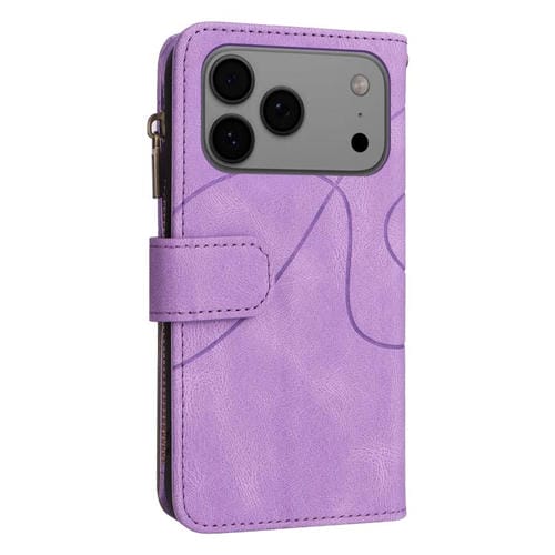 Funda de cuero con cremallera para iPhone 17 Pro Max, bicolor, con 9 ranuras para tarjetas (morado)
