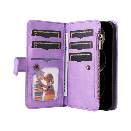 Funda de cuero con cremallera para iPhone 17 Pro Max, bicolor, con 9 ranuras para tarjetas (morado)