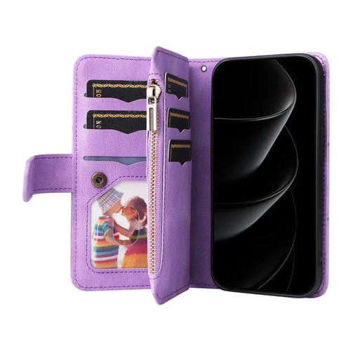 Funda de cuero con cremallera para iPhone 17 Pro Max, bicolor, con 9 ranuras para tarjetas (morado)