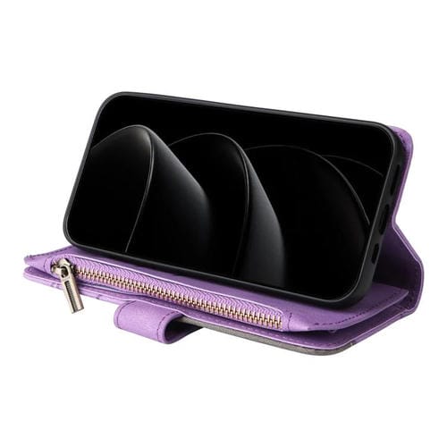Funda de cuero con cremallera para iPhone 17 Pro Max, bicolor, con 9 ranuras para tarjetas (morado)