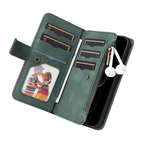 Funda de cuero con cremallera para iPhone 17 Pro Max, bicolor, con 9 ranuras para tarjetas (verde)