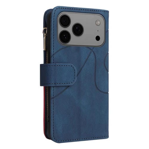 Funda de cuero con cremallera para iPhone 17 Pro Max, bicolor, con 9 ranuras para tarjetas (azul)