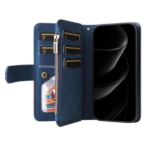 Funda de cuero con cremallera para iPhone 17 Pro Max, bicolor, con 9 ranuras para tarjetas (azul)
