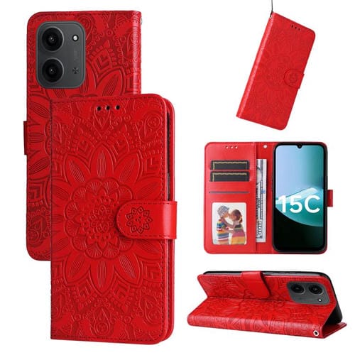 Funda de piel con estampado de girasoles en relieve para Redmi 15C 4G (173,1 mm) / Redmi 15C 5G (173,1 mm) (Rojo)
