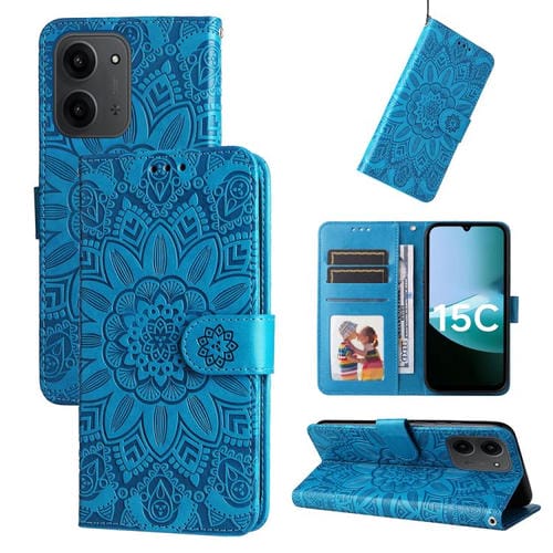 Funda de piel con estampado de girasoles en relieve para Redmi 15C 4G (173,1 mm) / Redmi 15C 5G (173,1 mm) (azul)