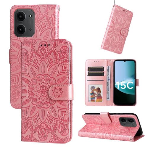 Funda de piel con estampado de girasoles en oro rosa para Redmi 15C 4G (173,1 mm) / Redmi 15C 5G (173,1 mm)