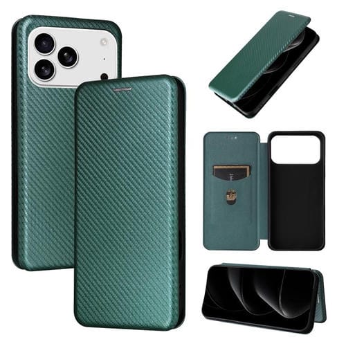 Funda de cuero con textura de fibra de carbono para iPhone 17 Pro (verde)