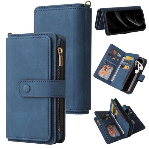 Funda de cuero con cremallera y ranuras para tarjetas para iPhone 17 Pro (azul)