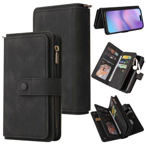 Funda de cuero tipo billetera con cremallera y ranuras para tarjetas para iPhone 17 (negro)
