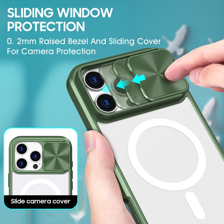 Funda para iPhone 16 Pro cubierta deslizante acrílico Transparente PC TPU Magsafe (Verde Oliva)