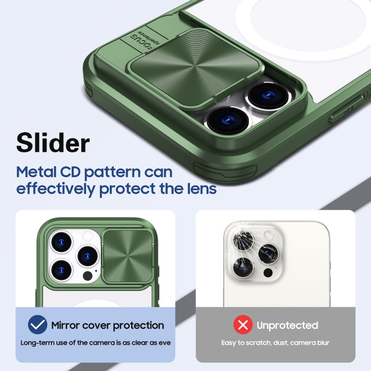 Funda para iPhone 16 Pro cubierta deslizante acrílico Transparente PC TPU Magsafe (Verde Oliva)