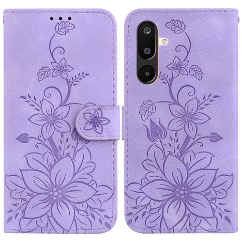 Funda de piel con relieve de lirio para Samsung Galaxy M16 5G / F16 5G / M36 5G (morada)