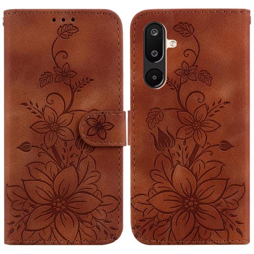 Funda de piel con relieve de lirio para Samsung Galaxy M16 5G / F16 5G / M36 5G (marrón)
