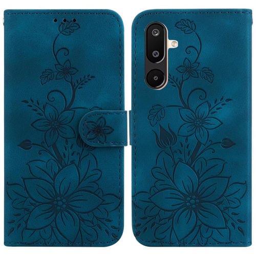 Funda de piel con relieve de lirio para Samsung Galaxy M16 5G / F16 5G / M36 5G (azul oscuro)