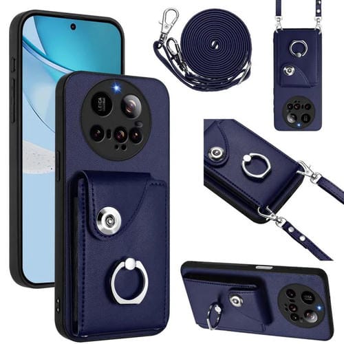 Funda para Xiaomi 15 Ultra con tarjetero y anillo para teléfono con cordón largo (azul)