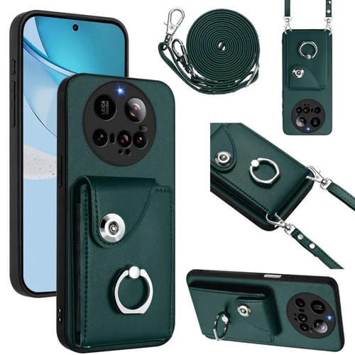 Funda para Xiaomi 15 Ultra con tarjetero y anillo para teléfono con cordón largo (verde)