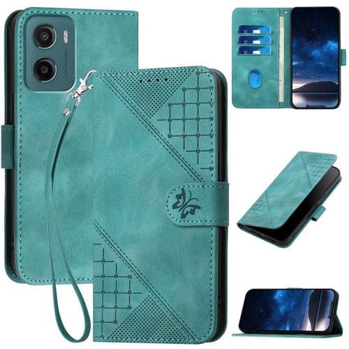 Funda de Cuero Motorola Moto G05 con Diseño de Mariposa en Relieve y Cordón (Azul Claro)