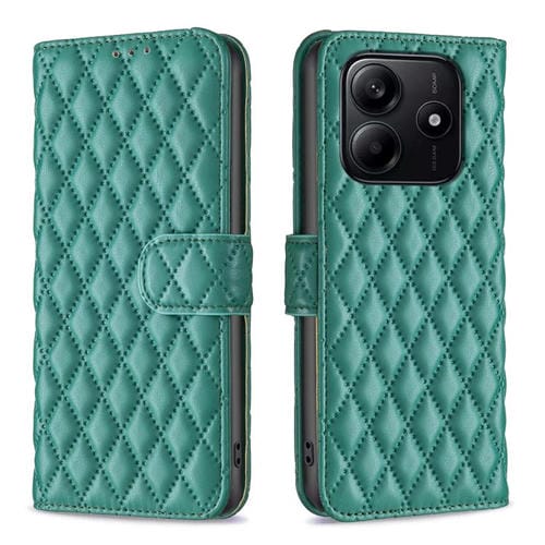 Funda de Cuero Tipo Billetera con Tapa y Diseño de Celosía En Forma de Diamante para Redmi Note 14 4G (Verde)