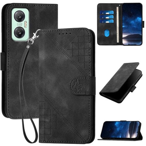 Funda de Cuero Infinix Hot 20 5G con Diseño Mariposa en Relieve y Cuadrícula con Cordón (Negro)