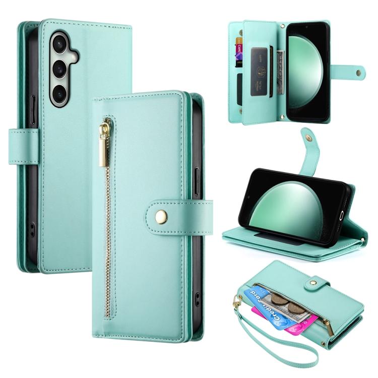 Funda de cuero con cremallera y nueve ranuras para tarjetas para Samsung Galaxy S25 FE 5G (verde menta)