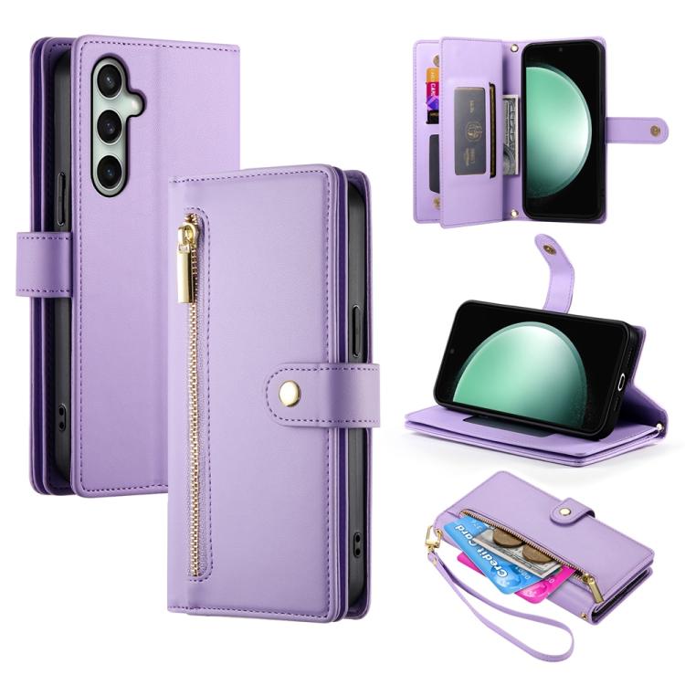 Funda de cuero con cremallera y nueve ranuras para tarjetas para Samsung Galaxy S25 FE 5G (morado)