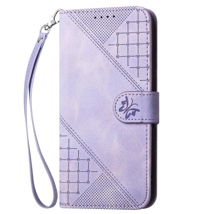 Funda de Cuero Huawei P50 con Diseño de Mariposa En Relieve y Cordón (Morado Claro)
