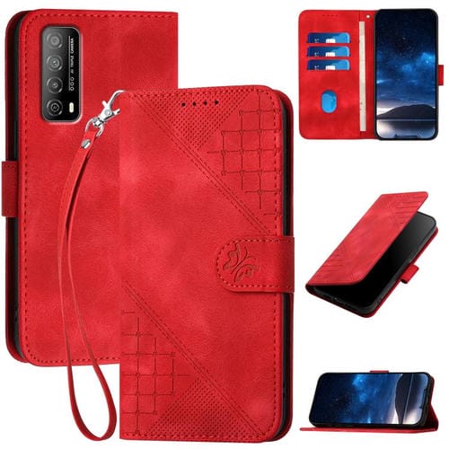 Funda de Cuero Huawei Enjoy 20 Se 4G con Diseño de Mariposa En Relieve y Cordón (Rojo)