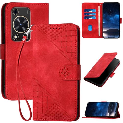 Funda de Cuero Huawei Enjoy 70 Nova Y72 con Diseño Mariposa En Relieve y Cordón (Rojo)
