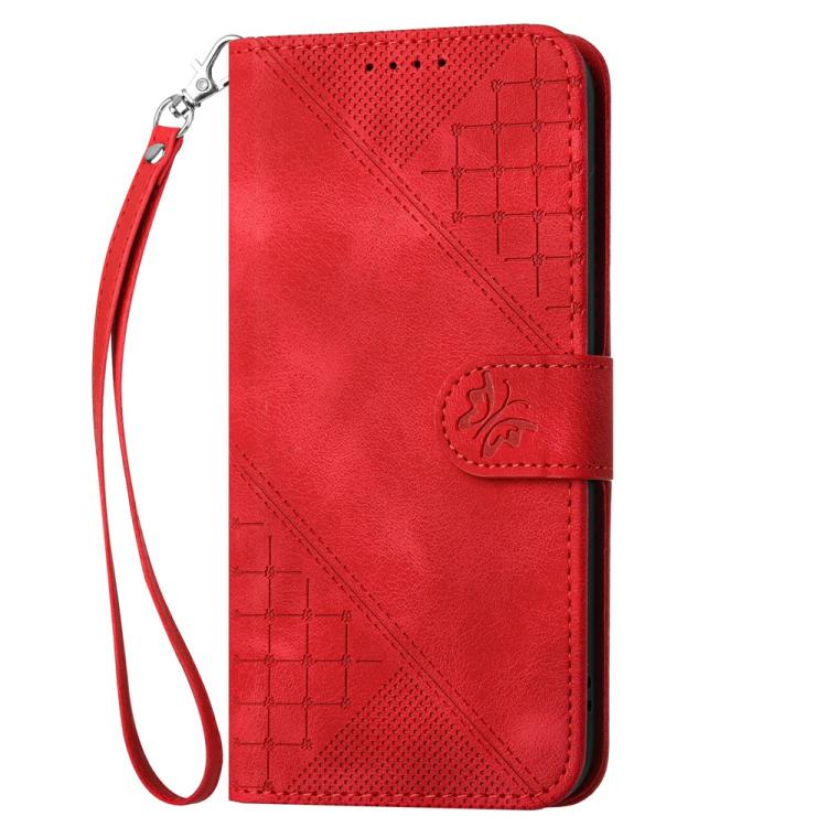 Funda de Cuero Huawei Enjoy 70 Nova Y72 con Diseño Mariposa En Relieve y Cordón (Rojo)