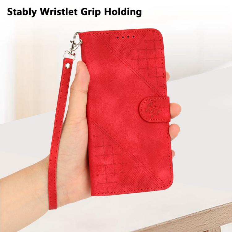 Funda de Cuero Huawei Enjoy 70 Nova Y72 con Diseño Mariposa En Relieve y Cordón (Rojo)