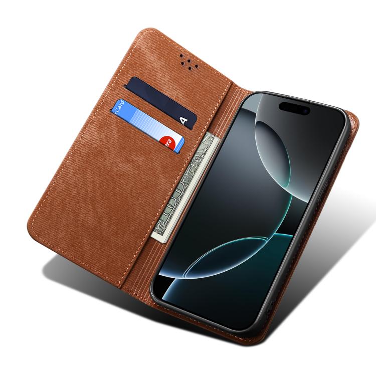Funda de cuero con tapa horizontal y textura vaquera para Samsung Galaxy A17 5G (marrón)