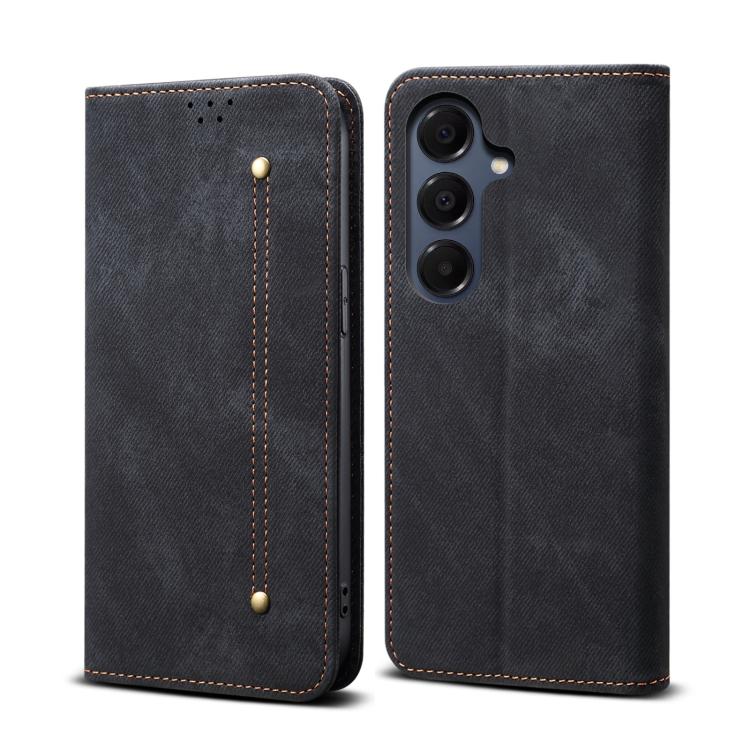 Funda de cuero con tapa horizontal y textura vaquera para Samsung Galaxy A17 5G (negro)
