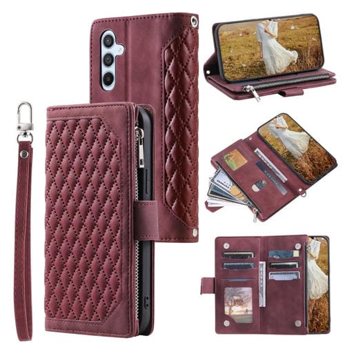 Funda de cuero con cremallera y cordón para Samsung Galaxy A17 5G (rojo vino)