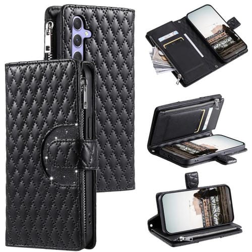 Funda de cuero tipo billetera con cremallera y diseño de celosía brillante para Samsung Galaxy A17 5G (negra)