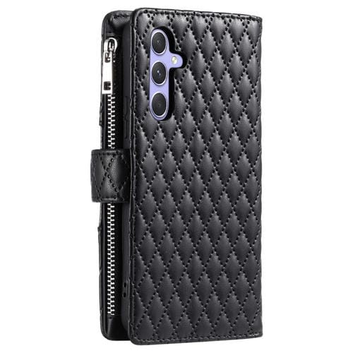 Funda de cuero tipo billetera con cremallera y diseño de celosía brillante para Samsung Galaxy A17 5G (negra)