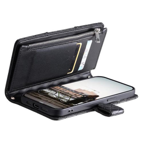 Funda de cuero tipo billetera con cremallera y diseño de celosía brillante para Samsung Galaxy A17 5G (negra)