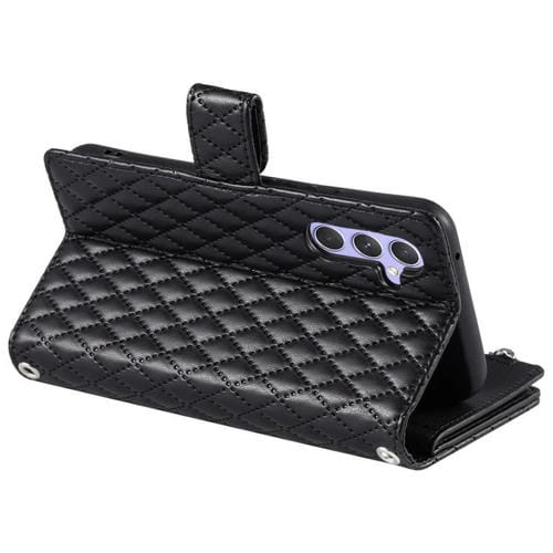 Funda de cuero tipo billetera con cremallera y diseño de celosía brillante para Samsung Galaxy A17 5G (negra)