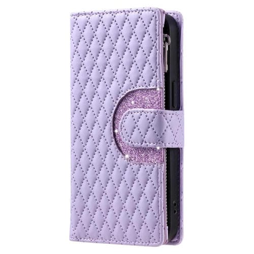 Funda de cuero tipo billetera con cremallera y diseño de celosía brillante para Samsung Galaxy A17 5G (morado)