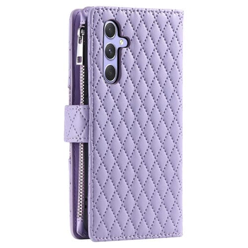 Funda de cuero tipo billetera con cremallera y diseño de celosía brillante para Samsung Galaxy A17 5G (morado)