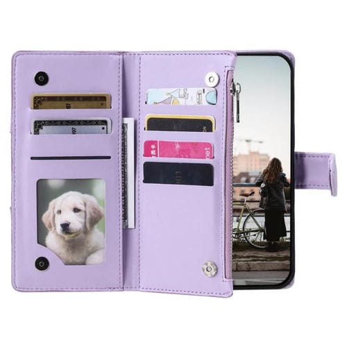 Funda de cuero tipo billetera con cremallera y diseño de celosía brillante para Samsung Galaxy A17 5G (morado)