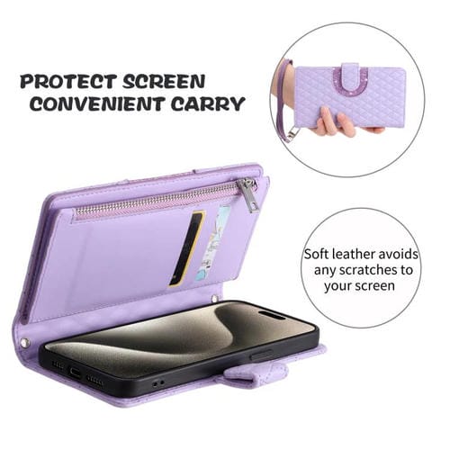 Funda de cuero tipo billetera con cremallera y diseño de celosía brillante para Samsung Galaxy A17 5G (morado)